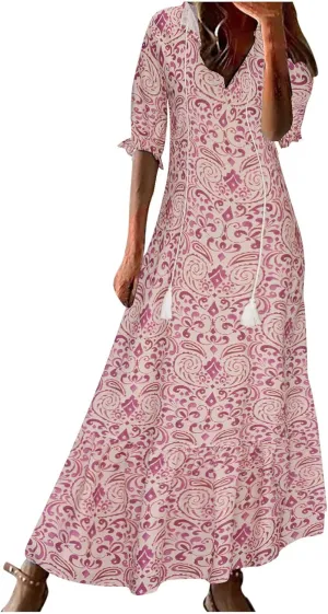 SMIDOW Womens Casual Spring Summer Boho Printed Dress V-Neck Three-Quarter Sleeve Dress A-Line Hide Belly Dress