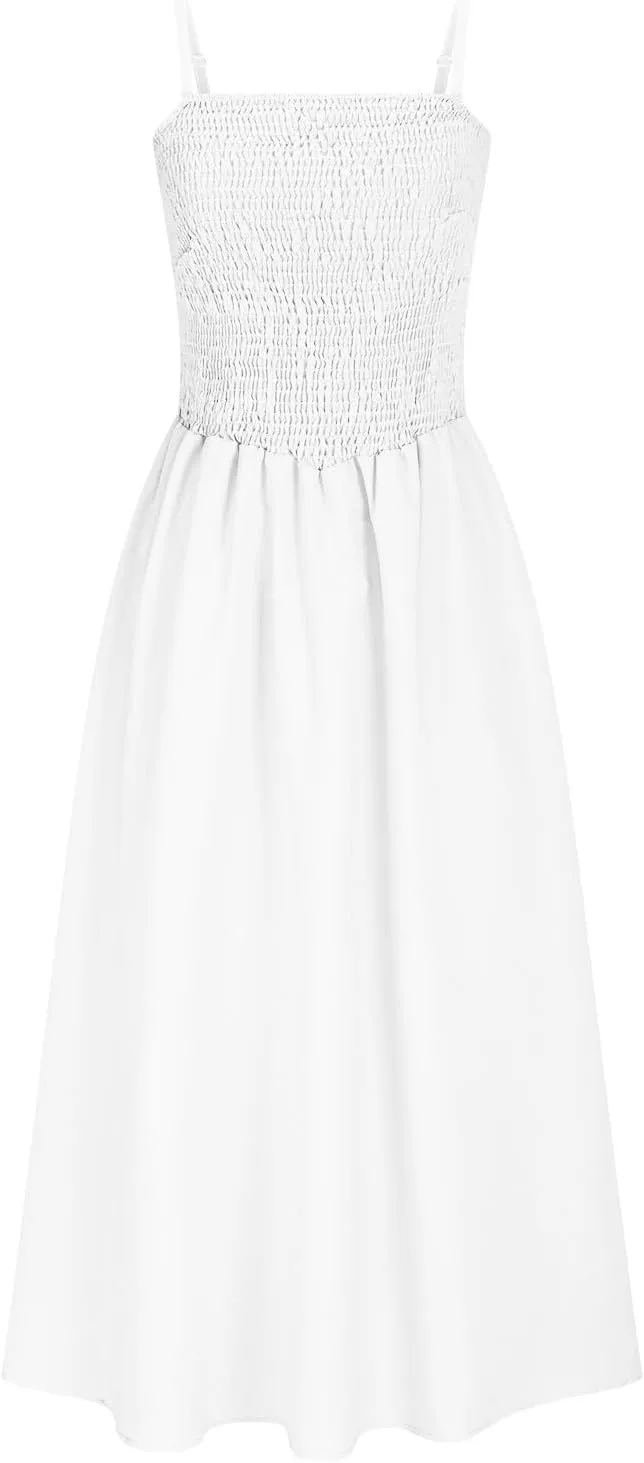 Smocked Maxi Dresses for Women Summer Beach Sundress Casual Spaghetti Strap Flowy A Line Swing Long Dress with Pockets