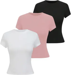 SOLY HUX Boat Neck Tops for Women 3 Piece Cropped Basic Tees Set Summer Short Sleeve Shirts Fitted Workout Undershirt