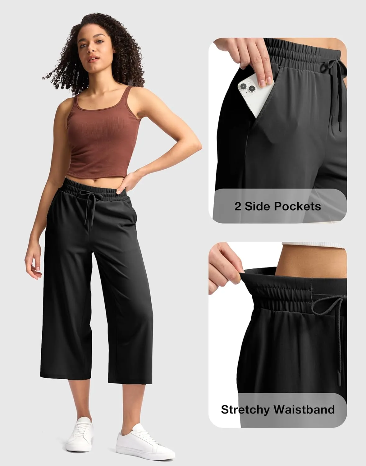 Soothfeel Women's Capri Pants Loose High Waisted Wide Leg Lightweight Travel Hiking Pants for Women Casual Summer with Pocket