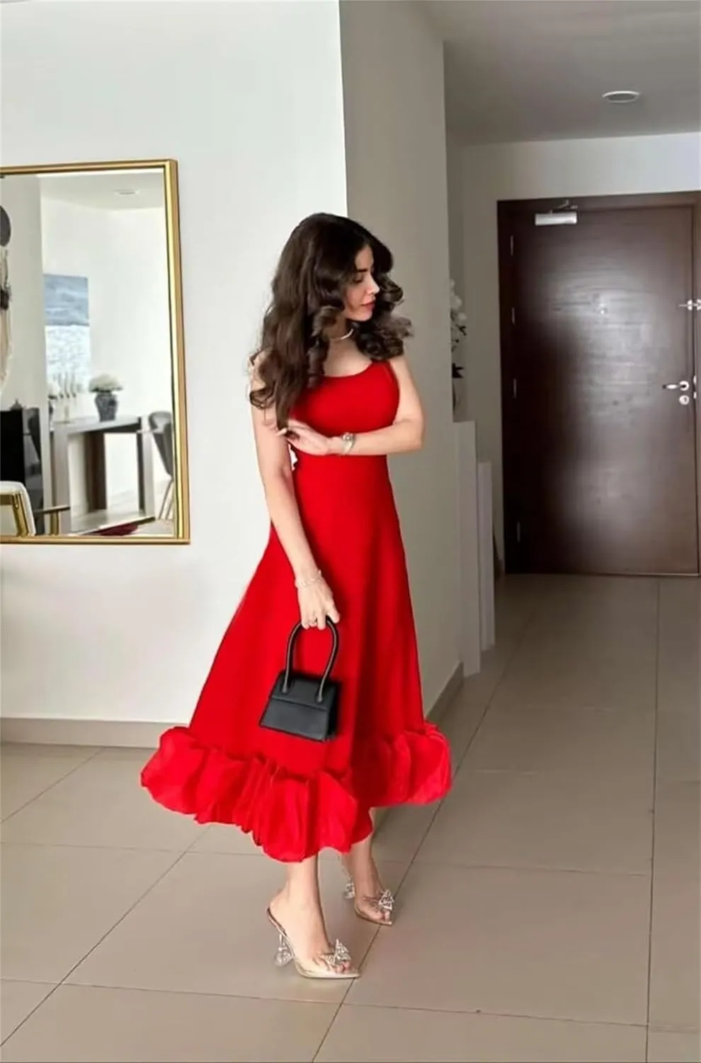 Spaghetti Straps Midi Prom Dresses Ruffles Satin Formal Evening Gowns Tea Length Party Cocktail Dress