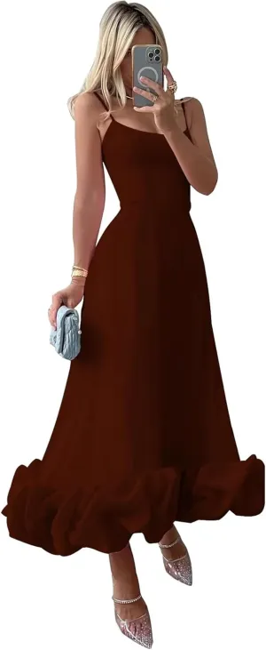 Spaghetti Straps Midi Prom Dresses Ruffles Satin Formal Evening Gowns Tea Length Party Cocktail Dress