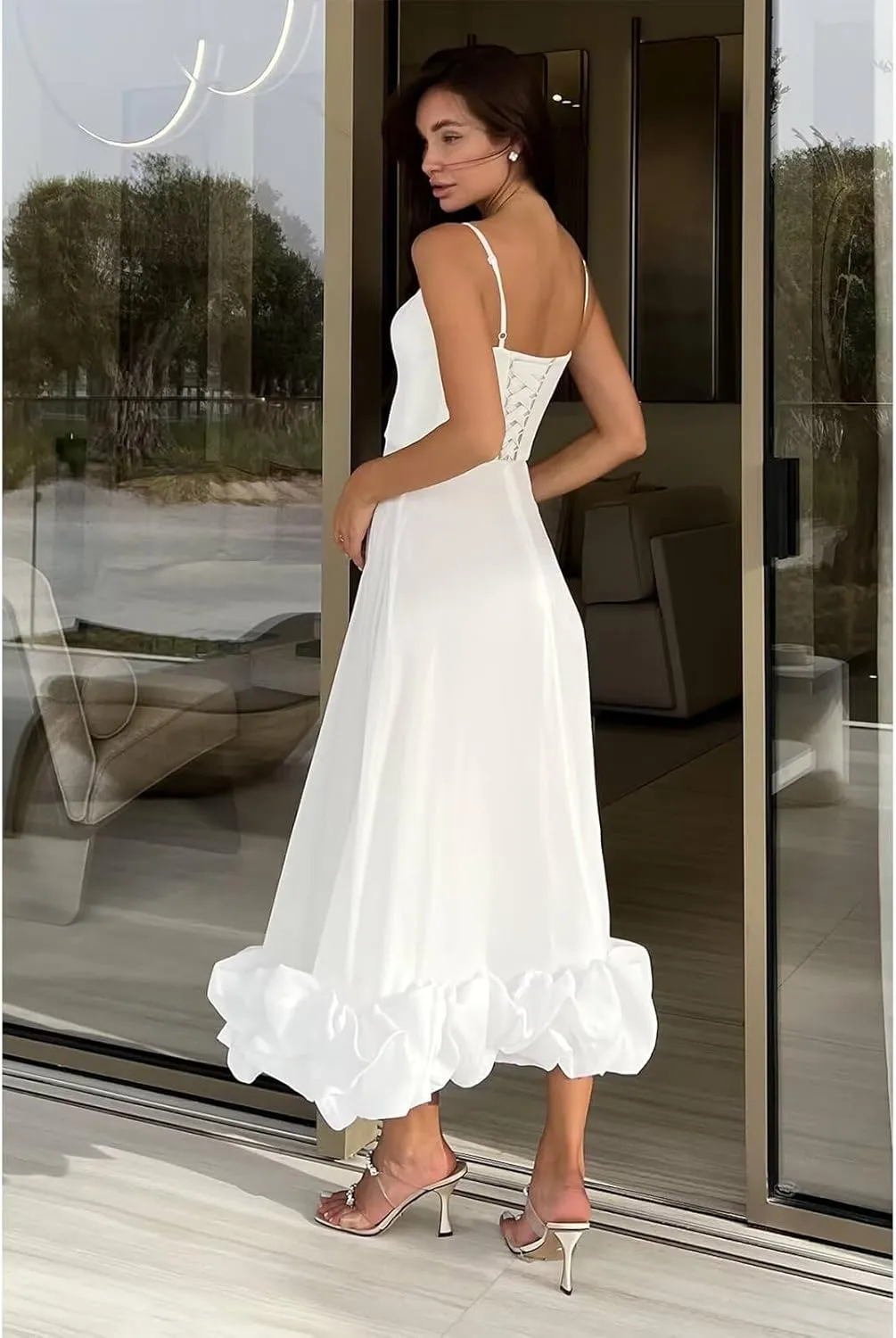 Spaghetti Straps Midi Prom Dresses Ruffles Satin Formal Evening Gowns Tea Length Party Cocktail Dress