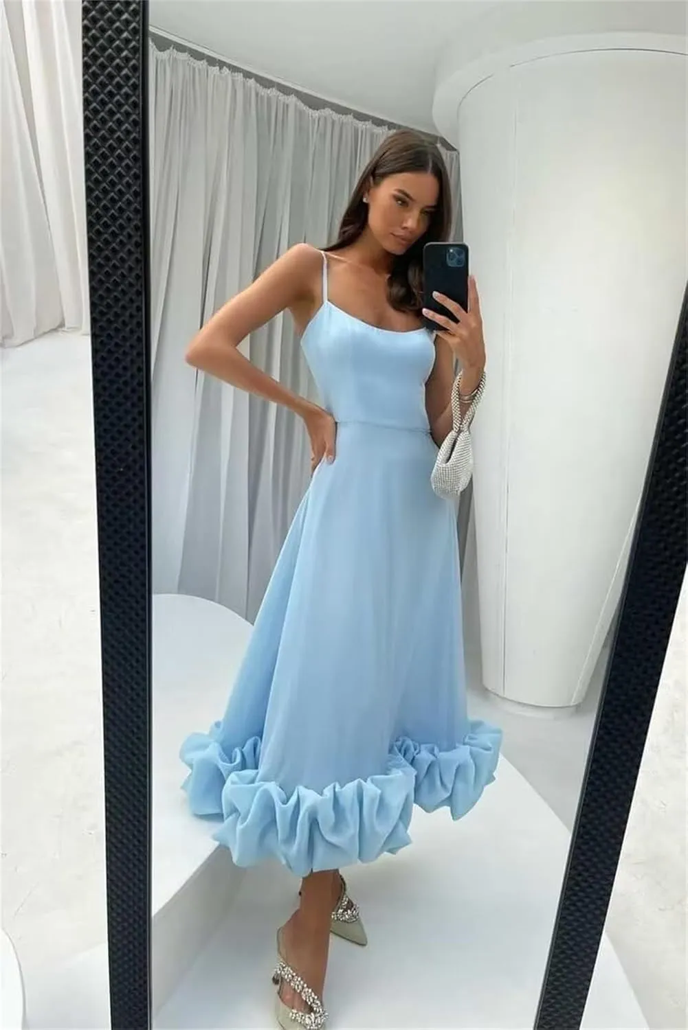 Spaghetti Straps Midi Prom Dresses Ruffles Satin Formal Evening Gowns Tea Length Party Cocktail Dress