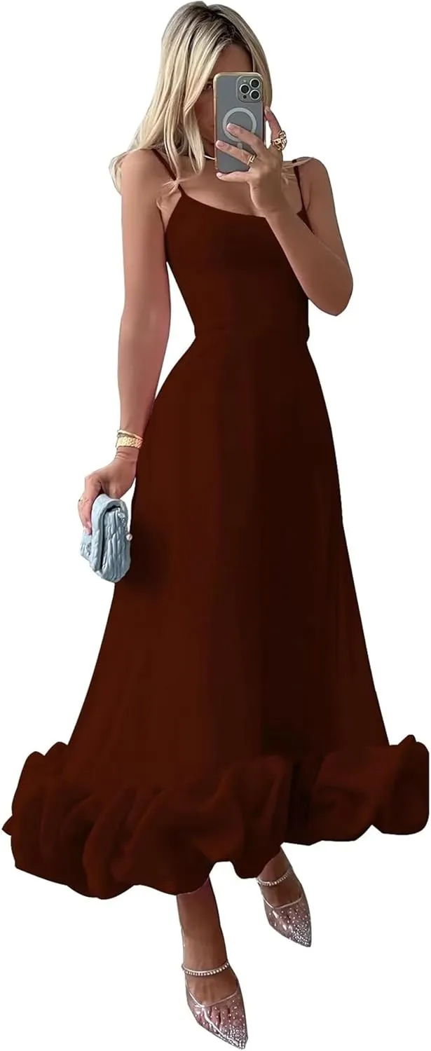 Spaghetti Straps Midi Prom Dresses Ruffles Satin Formal Evening Gowns Tea Length Party Cocktail Dress