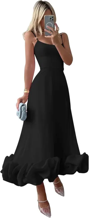 Spaghetti Straps Midi Prom Dresses Ruffles Satin Formal Evening Gowns Tea Length Party Cocktail Dress