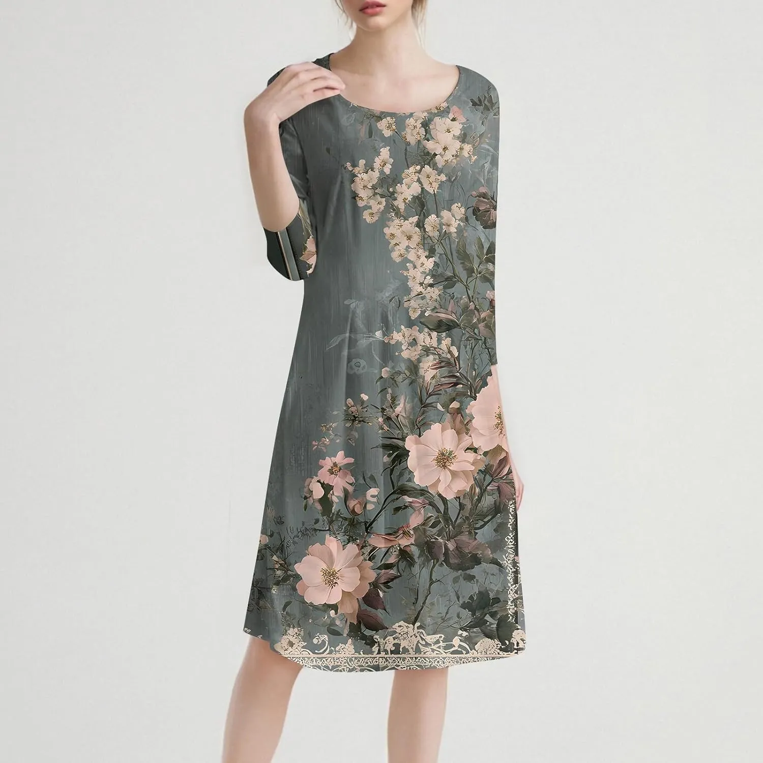 Spring Dresses for Women 2025 3/4 Sleeve Round Neck Church Dresses Pleated Knee Length Dress with Pockets Curvy Dress