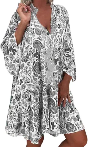 Spring Dresses for Women 2025 Women's Casual Long Sleeve V Neck Ruffle Tiered A-Line Swing Boho Mini Dress Beach Sun Dress