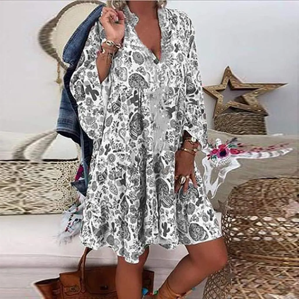 Spring Dresses for Women 2025 Women's Casual Long Sleeve V Neck Ruffle Tiered A-Line Swing Boho Mini Dress Beach Sun Dress