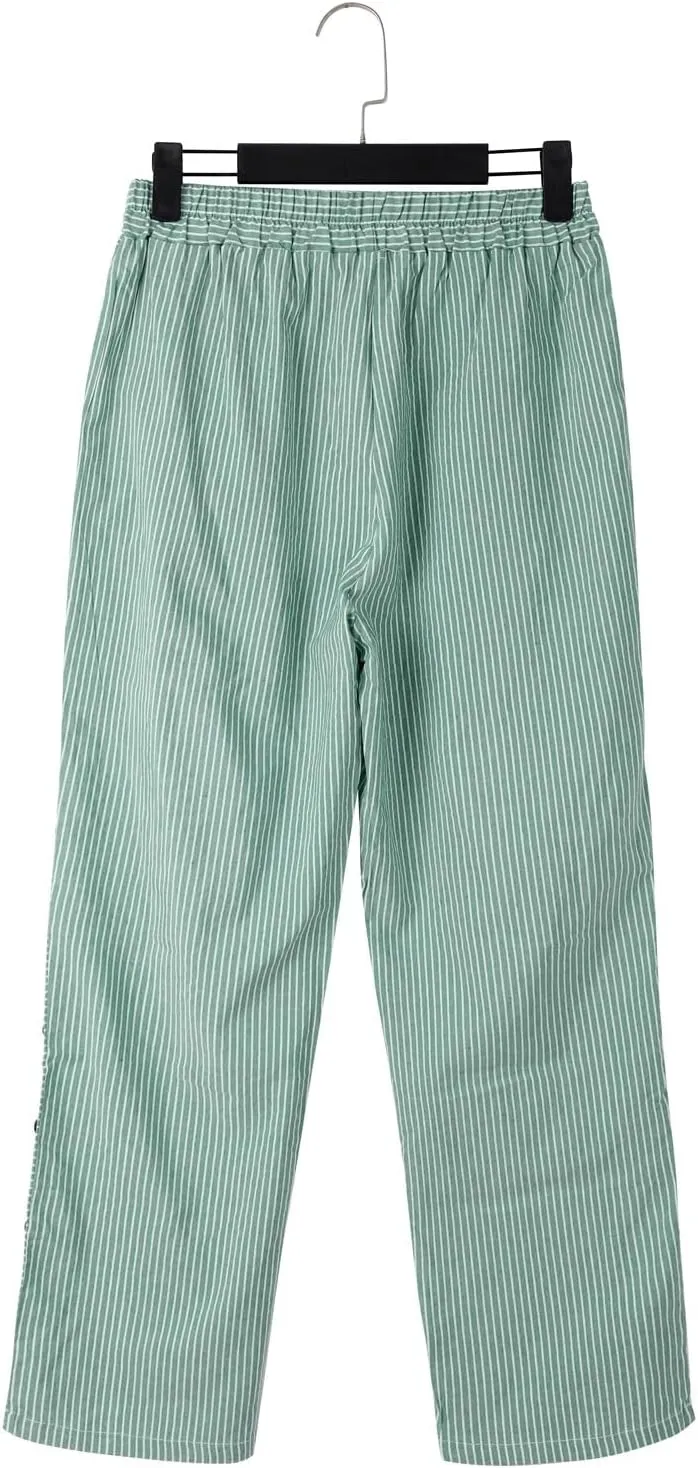 Striped Linen Pants Women Capri Gauze Side Button Elastic Waist Lightweight Casual Summer Beach Cropped Trousers 2025