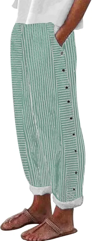 Striped Linen Pants Women Capri Gauze Side Button Elastic Waist Lightweight Casual Summer Beach Cropped Trousers 2025