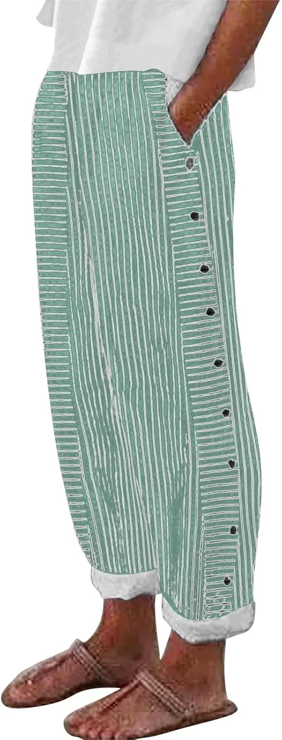 Striped Linen Pants Women Capri Gauze Side Button Elastic Waist Lightweight Casual Summer Beach Cropped Trousers 2025