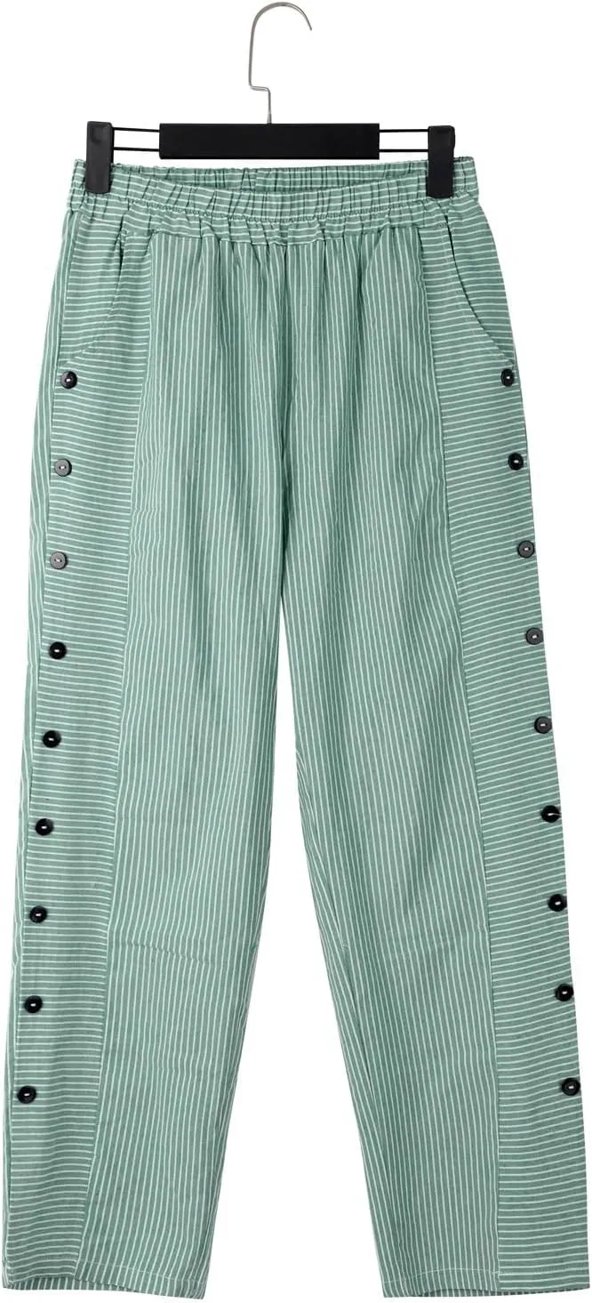 Striped Linen Pants Women Capri Gauze Side Button Elastic Waist Lightweight Casual Summer Beach Cropped Trousers 2025