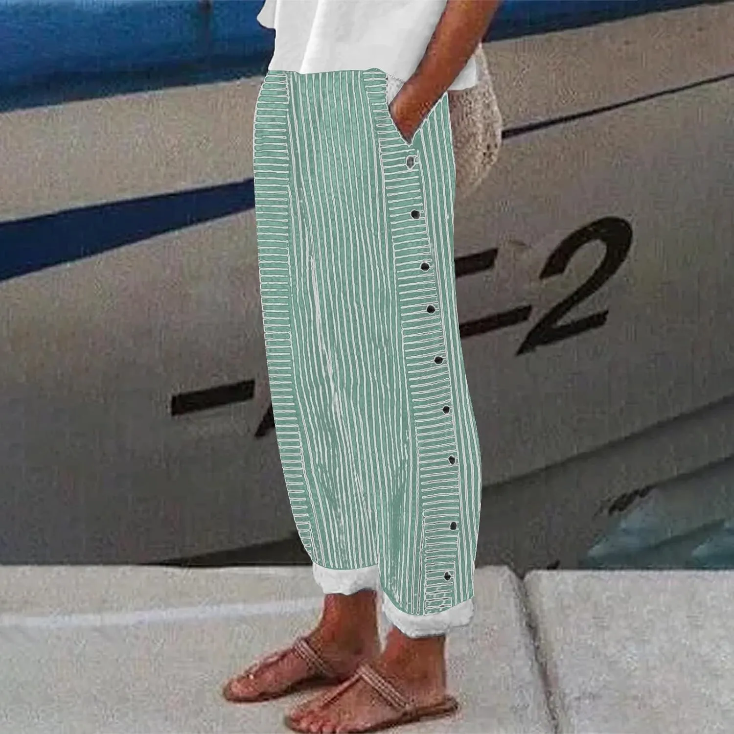 Striped Linen Pants Women Capri Gauze Side Button Elastic Waist Lightweight Casual Summer Beach Cropped Trousers 2025