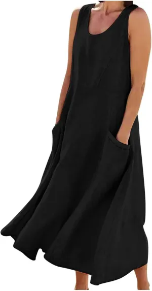 Summer Casual Linen Long Dresses Women Plus Size Loose Sleeveless Tank Dress Flowy Maxi Beach Sundress with Pockets