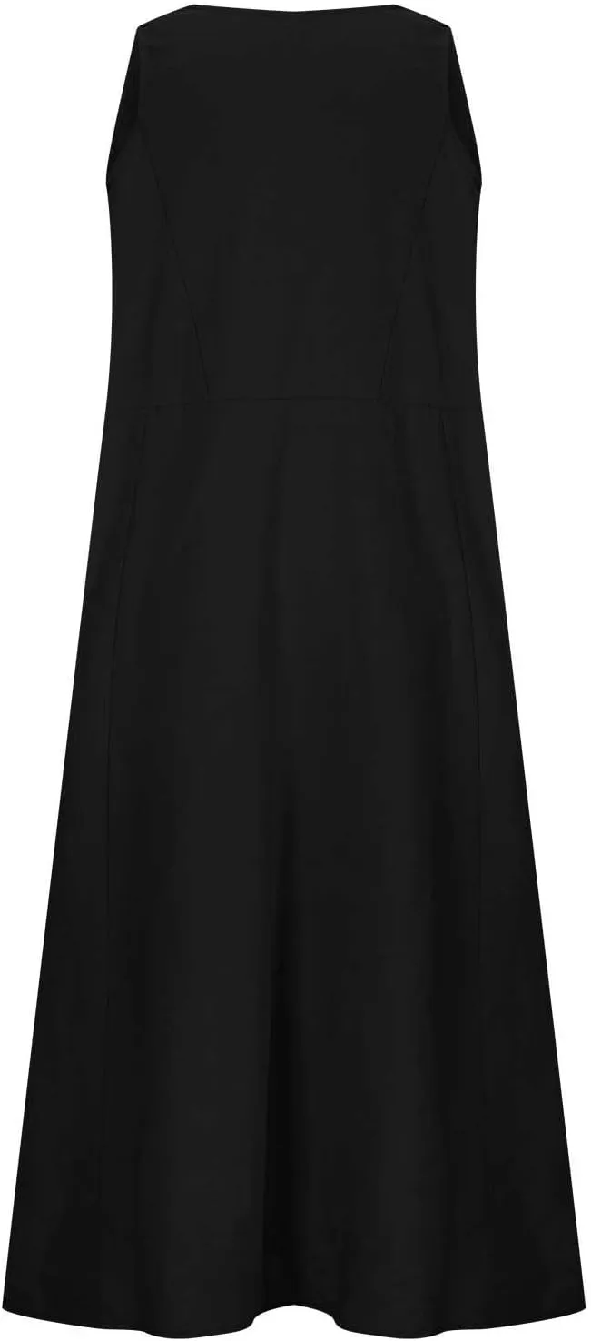 Summer Casual Linen Long Dresses Women Plus Size Loose Sleeveless Tank Dress Flowy Maxi Beach Sundress with Pockets