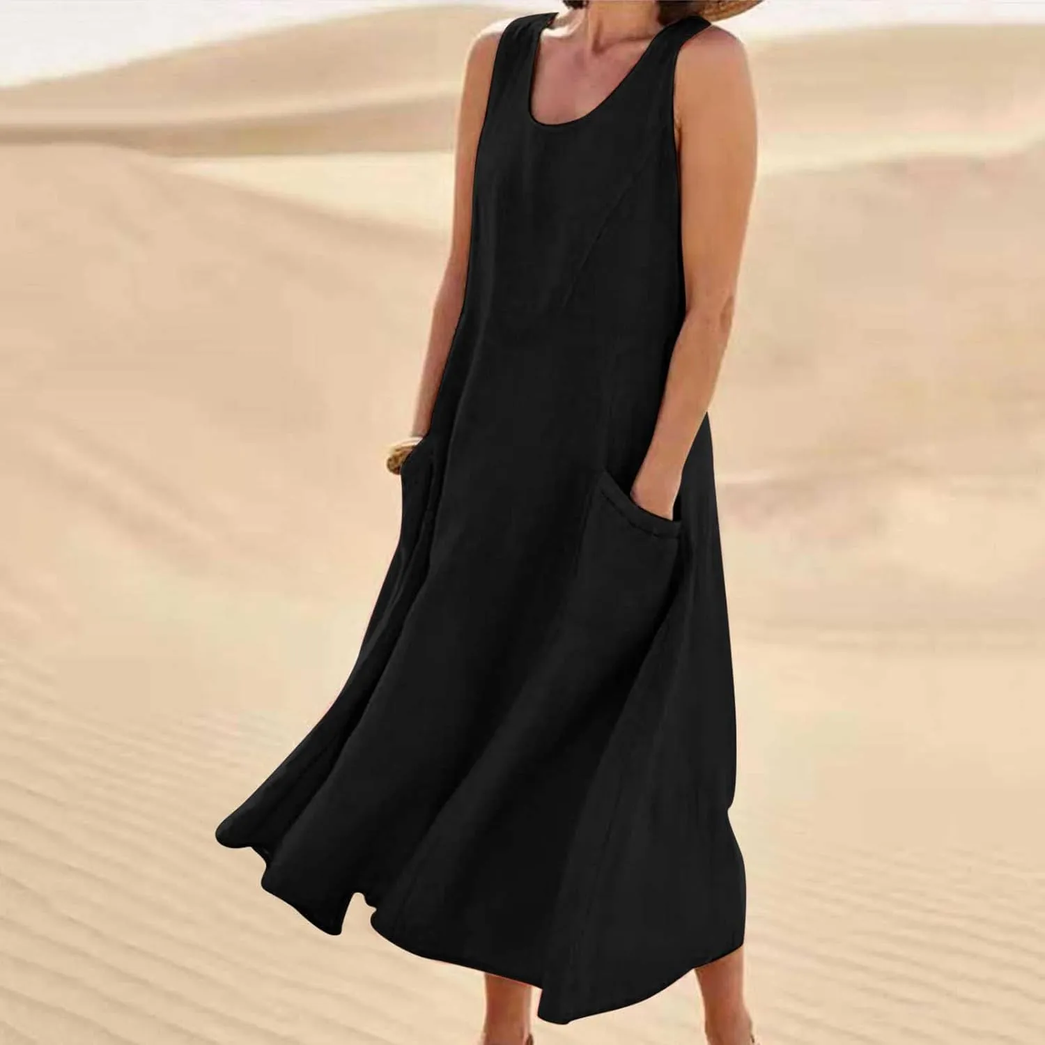 Summer Casual Linen Long Dresses Women Plus Size Loose Sleeveless Tank Dress Flowy Maxi Beach Sundress with Pockets
