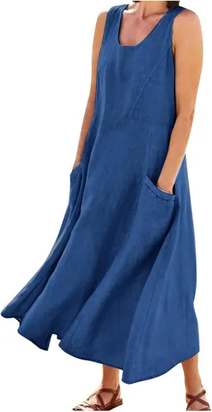 Summer Dress for Women 2025 Plus Size Sundress Floral Crewneck Sleeveless Dress Cotton Linen Beach Dress with Pockets