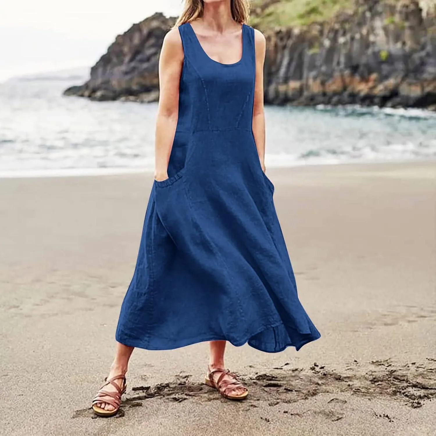 Summer Dress for Women 2025 Plus Size Sundress Floral Crewneck Sleeveless Dress Cotton Linen Beach Dress with Pockets