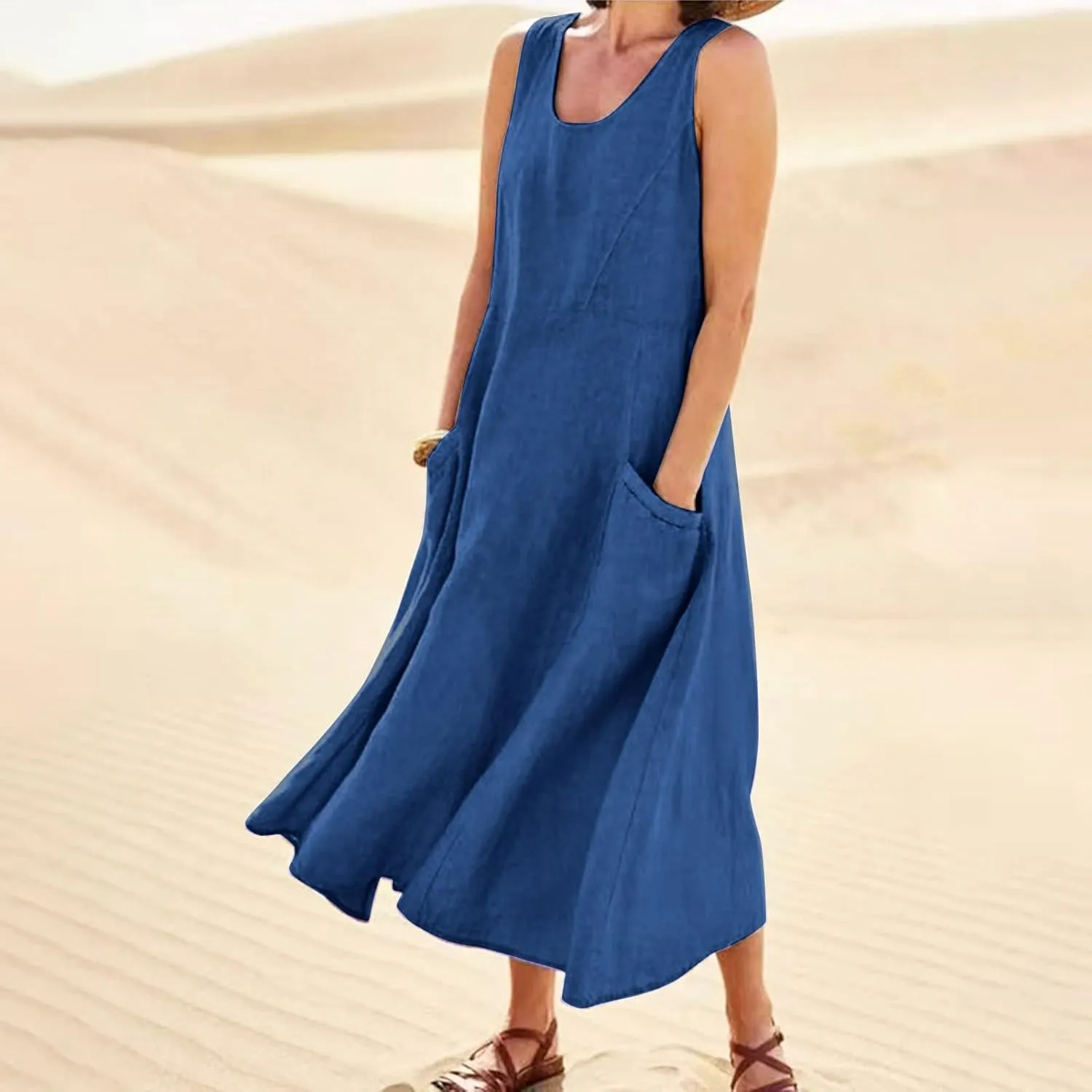 Summer Dress for Women 2025 Plus Size Sundress Floral Crewneck Sleeveless Dress Cotton Linen Beach Dress with Pockets
