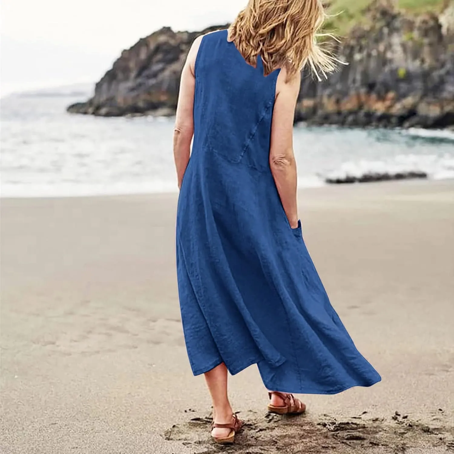 Summer Dress for Women 2025 Plus Size Sundress Floral Crewneck Sleeveless Dress Cotton Linen Beach Dress with Pockets