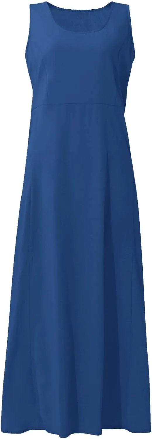Summer Dress for Women 2025 Plus Size Sundress Floral Crewneck Sleeveless Dress Cotton Linen Beach Dress with Pockets