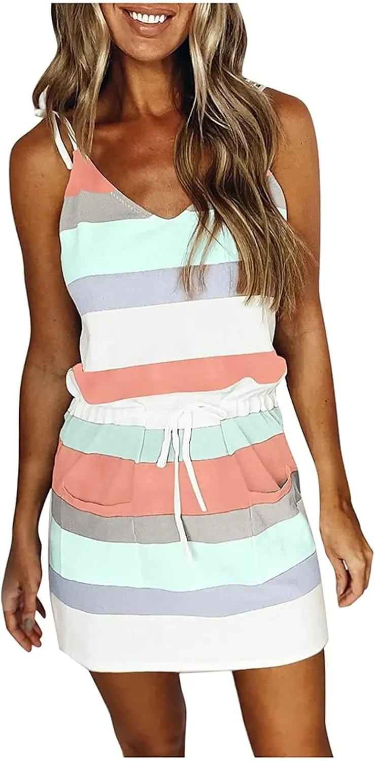 Summer Dress for Women Trendy 2025 V Neck Short Sundress Beach Casual Sexy Sun Dresses Athletic Stripes Dresses