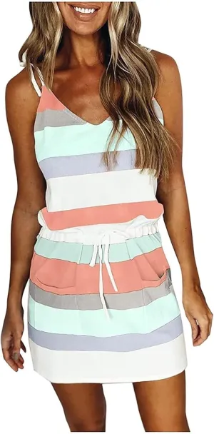Summer Dress for Women Trendy 2025 V Neck Short Sundress Beach Casual Sexy Sun Dresses Athletic Stripes Dresses