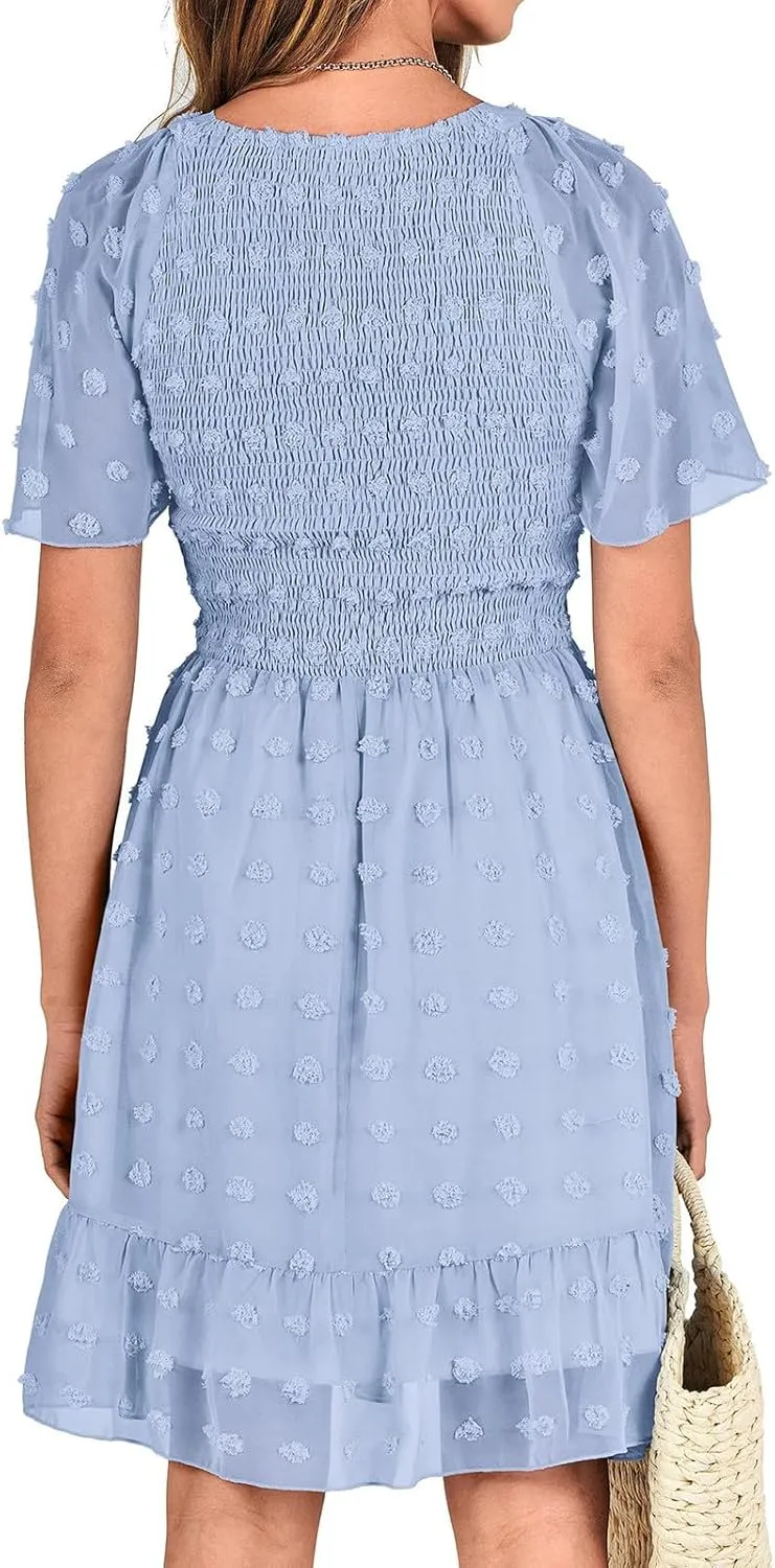 Summer Dresses for Women 2024 V-Neck Flowy Printed Mini Dress Casual Ruffle Puff Sleeve Casual Sundresses