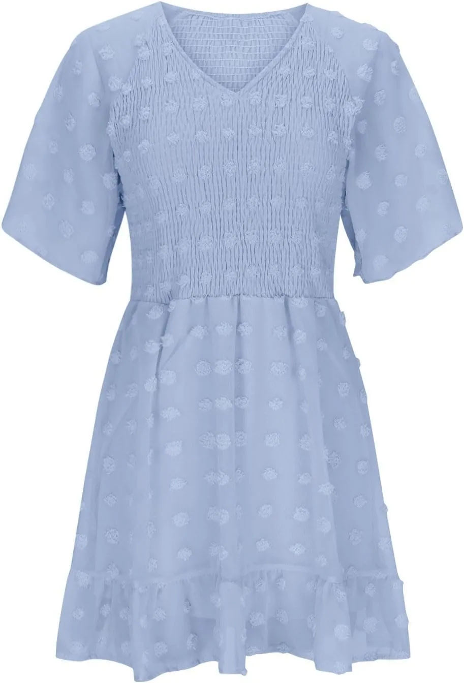 Summer Dresses for Women 2024 V-Neck Flowy Printed Mini Dress Casual Ruffle Puff Sleeve Casual Sundresses