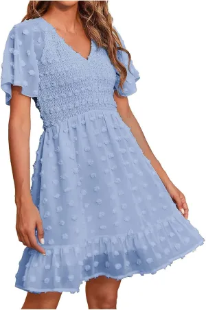Summer Dresses for Women 2024 V-Neck Flowy Printed Mini Dress Casual Ruffle Puff Sleeve Casual Sundresses
