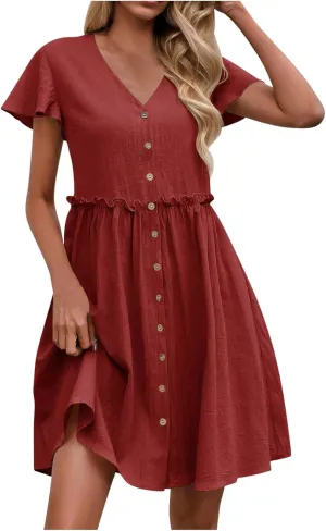 Summer Dresses for Women 2025 Casual Short Sleeve Beach Dress Fashion Loose Fit Crew Neck Solid Color Sundress