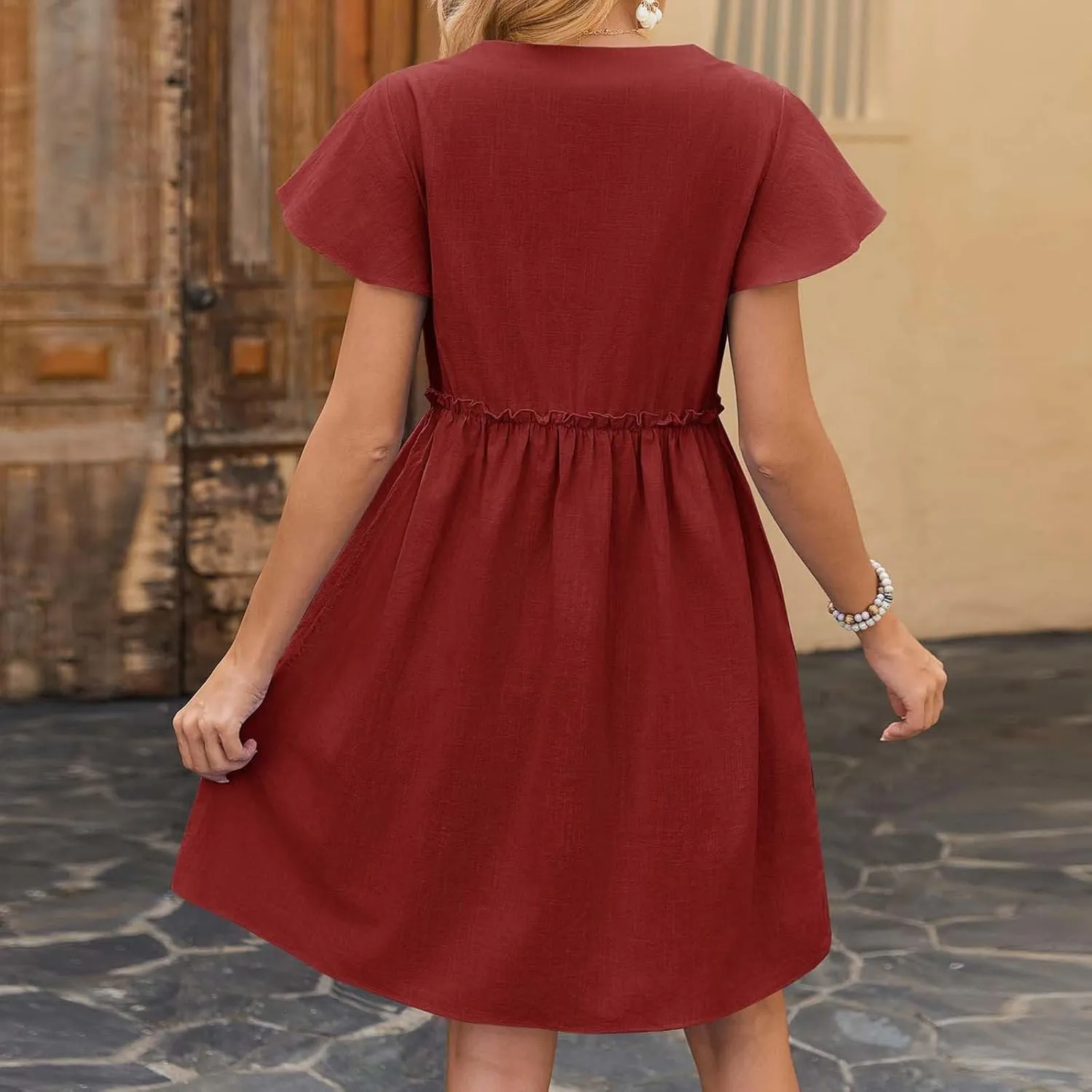 Summer Dresses for Women 2025 Casual Short Sleeve Beach Dress Fashion Loose Fit Crew Neck Solid Color Sundress
