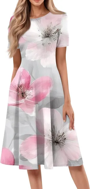 Summer Dresses for Women 2025 Casual Trendy Ruched Spring Loose Crew Neck Semi Formal Short Sleeve Dress