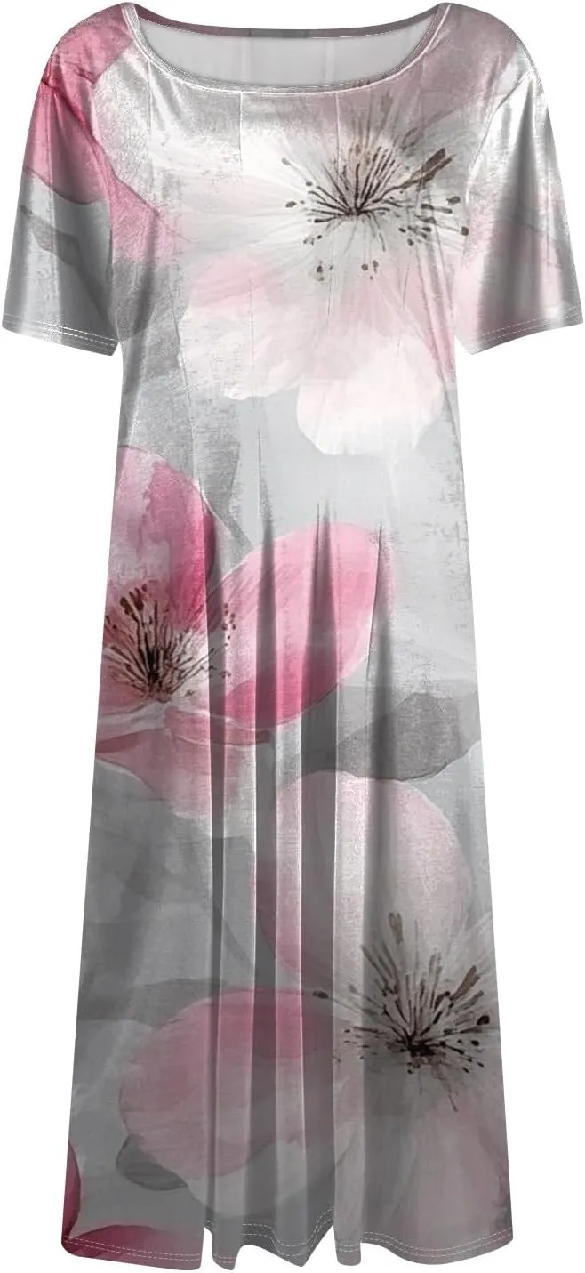 Summer Dresses for Women 2025 Casual Trendy Ruched Spring Loose Crew Neck Semi Formal Short Sleeve Dress