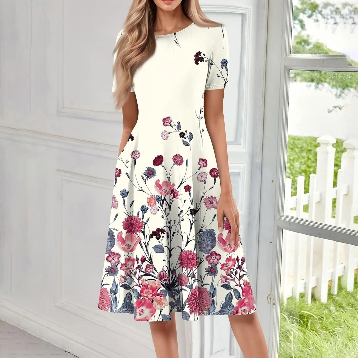Summer Dresses for Women 2025 Midi Short Sleeve Crew Neck Sundress Elegant Pleated with Side Pockets A Line Outfits