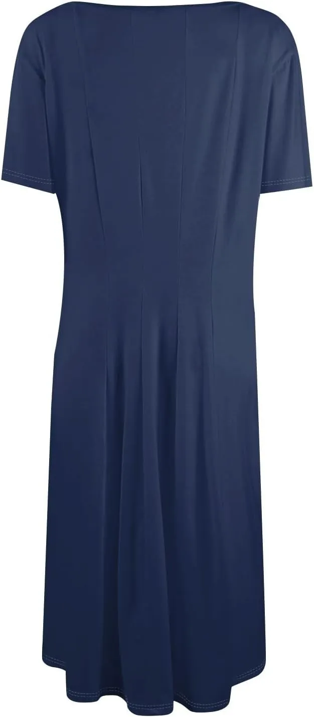 Summer Dresses for Women 2025 Midi Short Sleeve Crew Neck Sundress Elegant Pleated with Side Pockets A Line Outfits