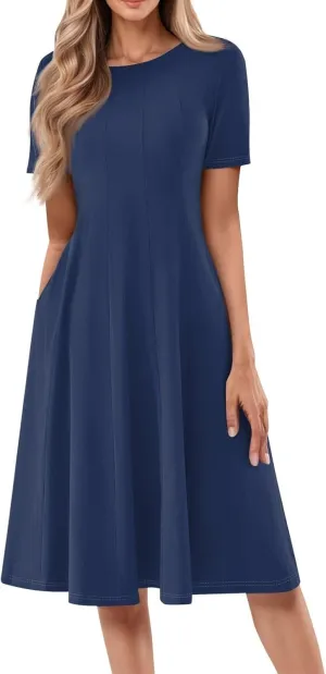 Summer Dresses for Women 2025 Midi Short Sleeve Crew Neck Sundress Elegant Pleated with Side Pockets A Line Outfits