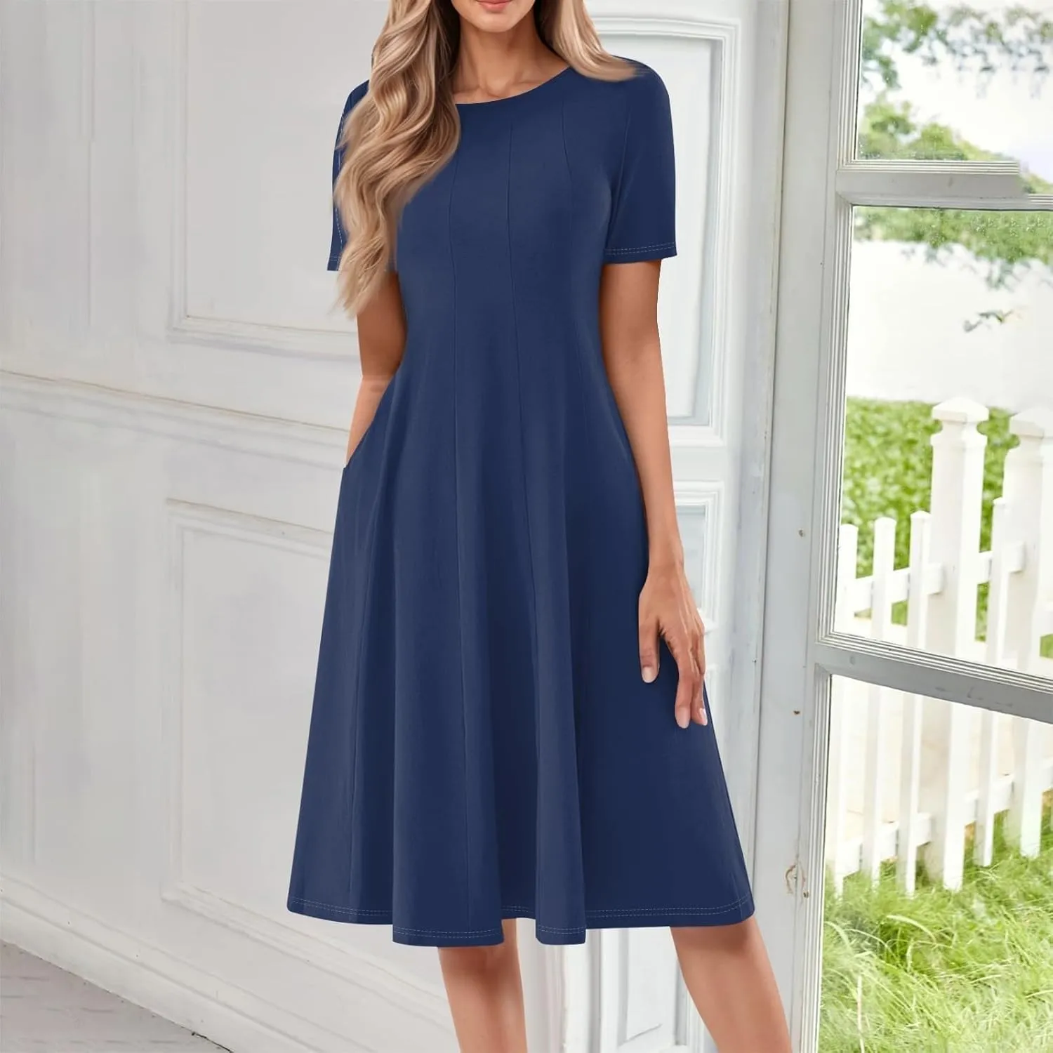Summer Dresses for Women 2025 Midi Short Sleeve Crew Neck Sundress Elegant Pleated with Side Pockets A Line Outfits