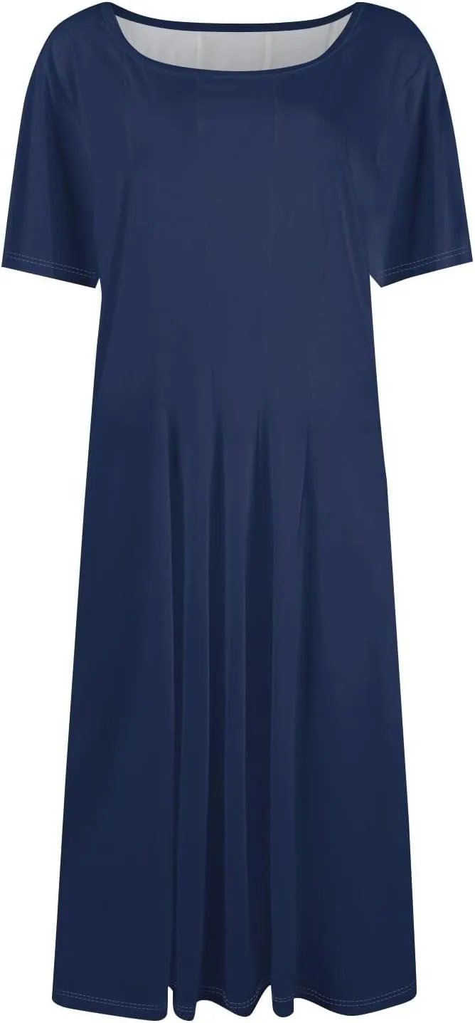 Summer Dresses for Women 2025 Midi Short Sleeve Crew Neck Sundress Elegant Pleated with Side Pockets A Line Outfits