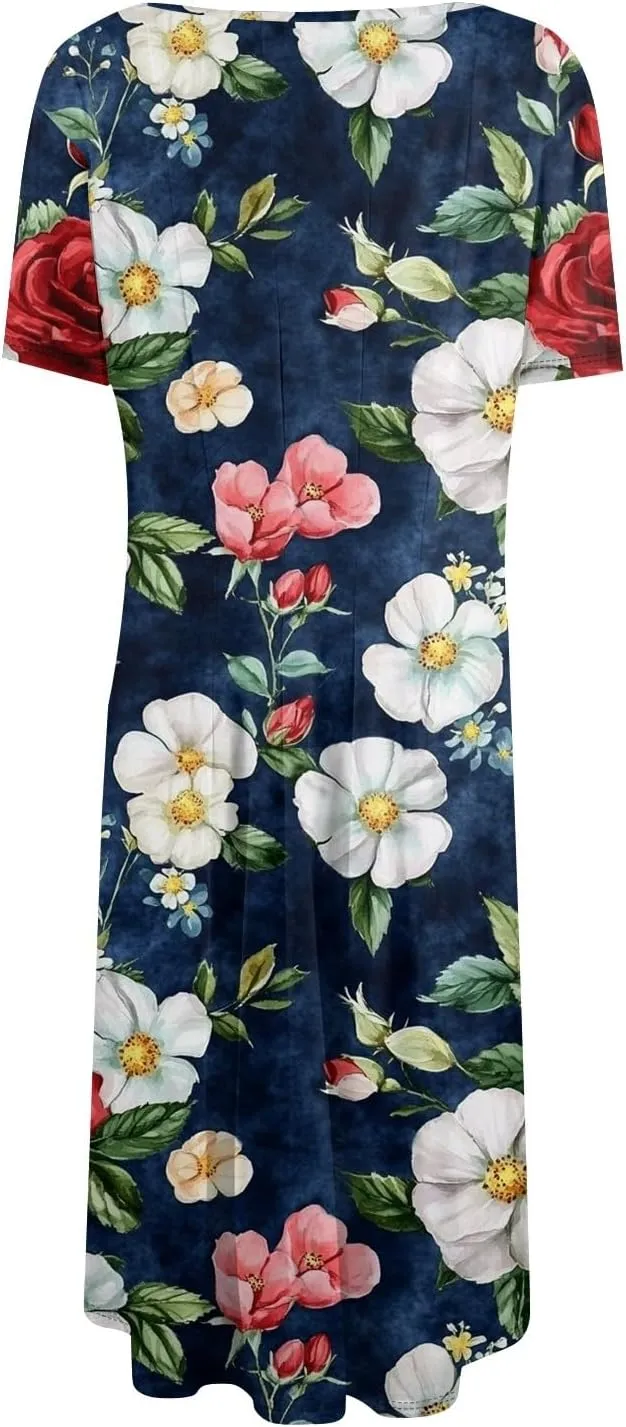 Summer Dresses for Women 2025 Midi Short Sleeve Round Neck Dresses Elegant Pleated with Pocket Flower Print Dress