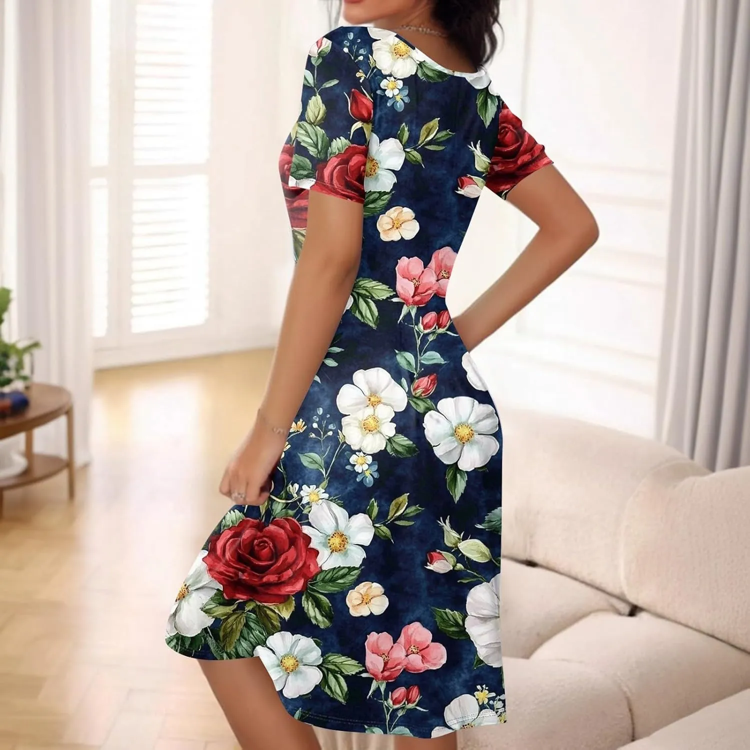 Summer Dresses for Women 2025 Midi Short Sleeve Round Neck Dresses Elegant Pleated with Pocket Flower Print Dress