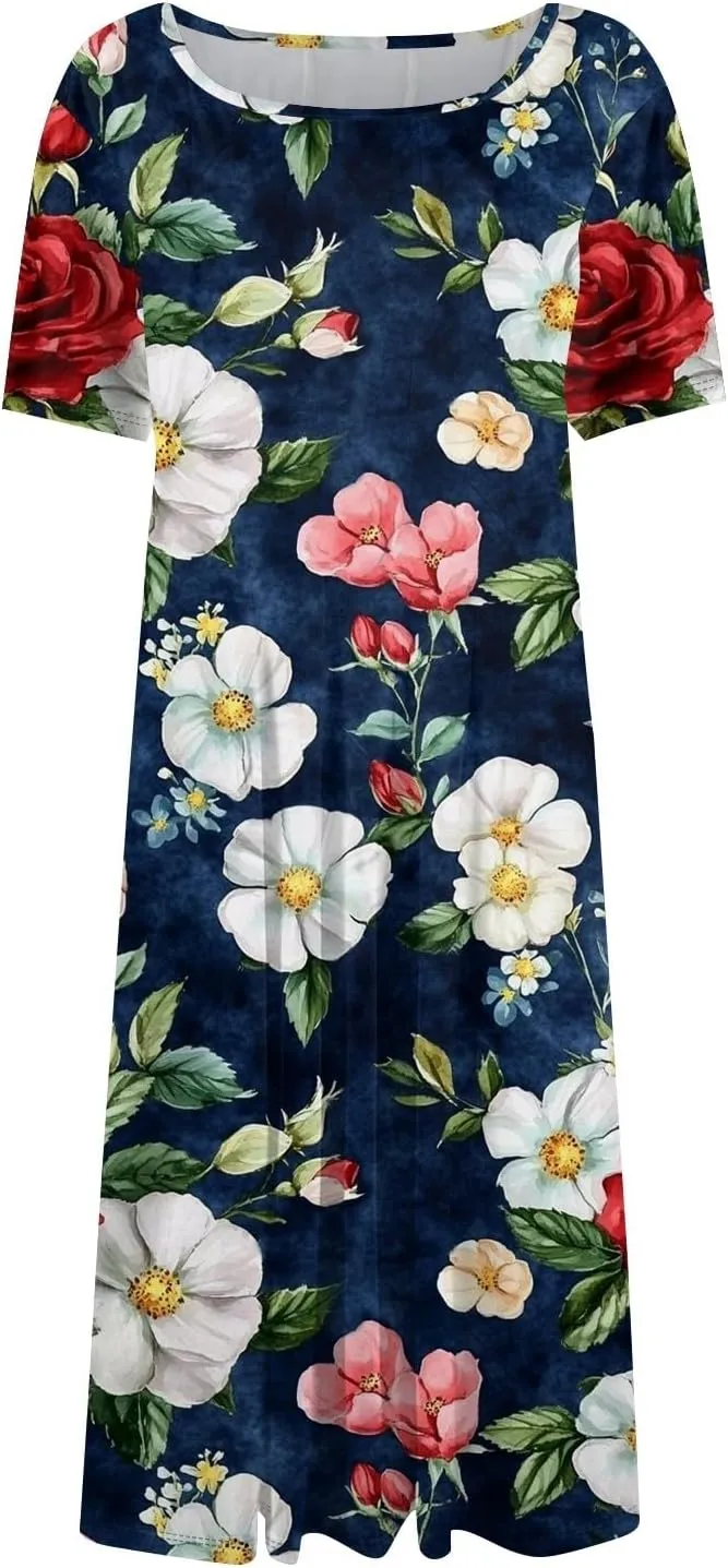 Summer Dresses for Women 2025 Midi Short Sleeve Round Neck Dresses Elegant Pleated with Pocket Flower Print Dress