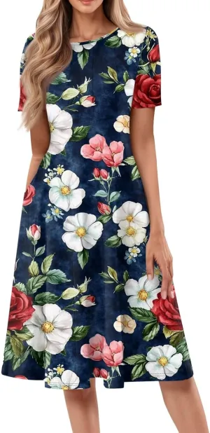 Summer Dresses for Women 2025 Midi Short Sleeve Round Neck Dresses Elegant Pleated with Pocket Flower Print Dress