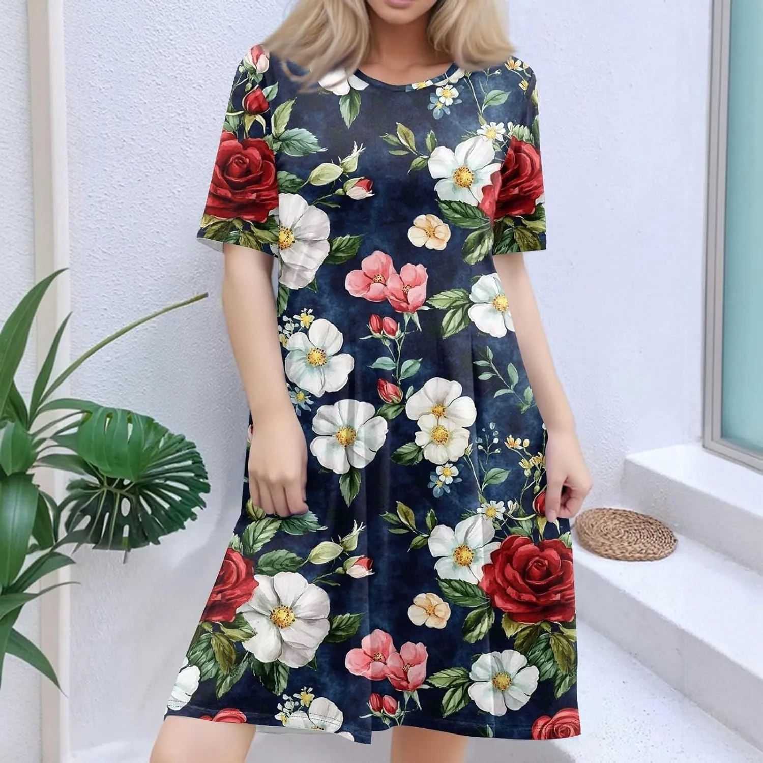 Summer Dresses for Women 2025 Midi Short Sleeve Round Neck Dresses Elegant Pleated with Pocket Flower Print Dress