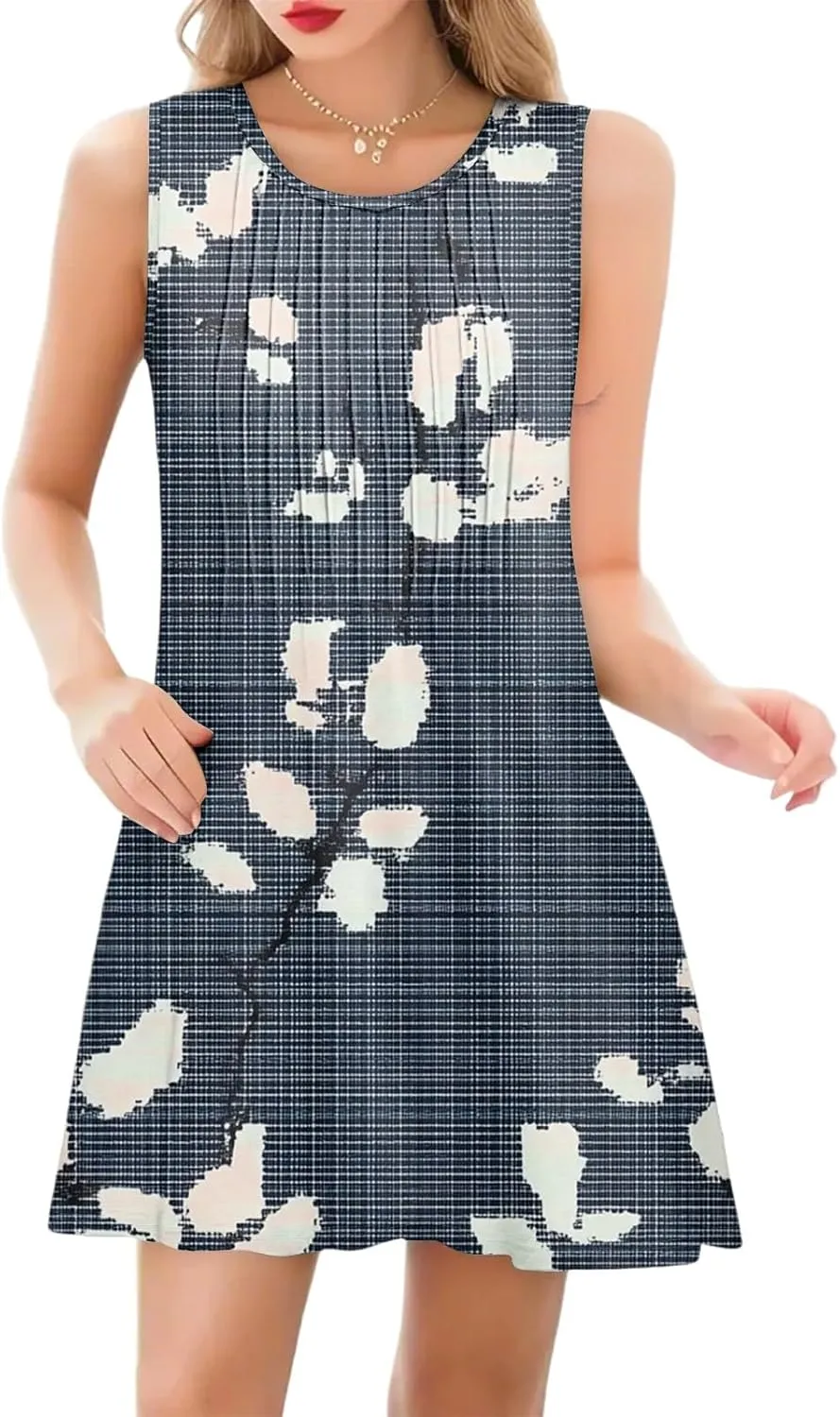 Summer Dresses for Women Casual Sundress Floral Printed Pleated Mini Dress with Pocket Beach Cover Up Swimsuit