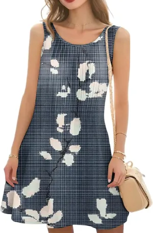 Summer Dresses for Women Casual Sundress Floral Printed Pleated Mini Dress with Pocket Beach Cover Up Swimsuit