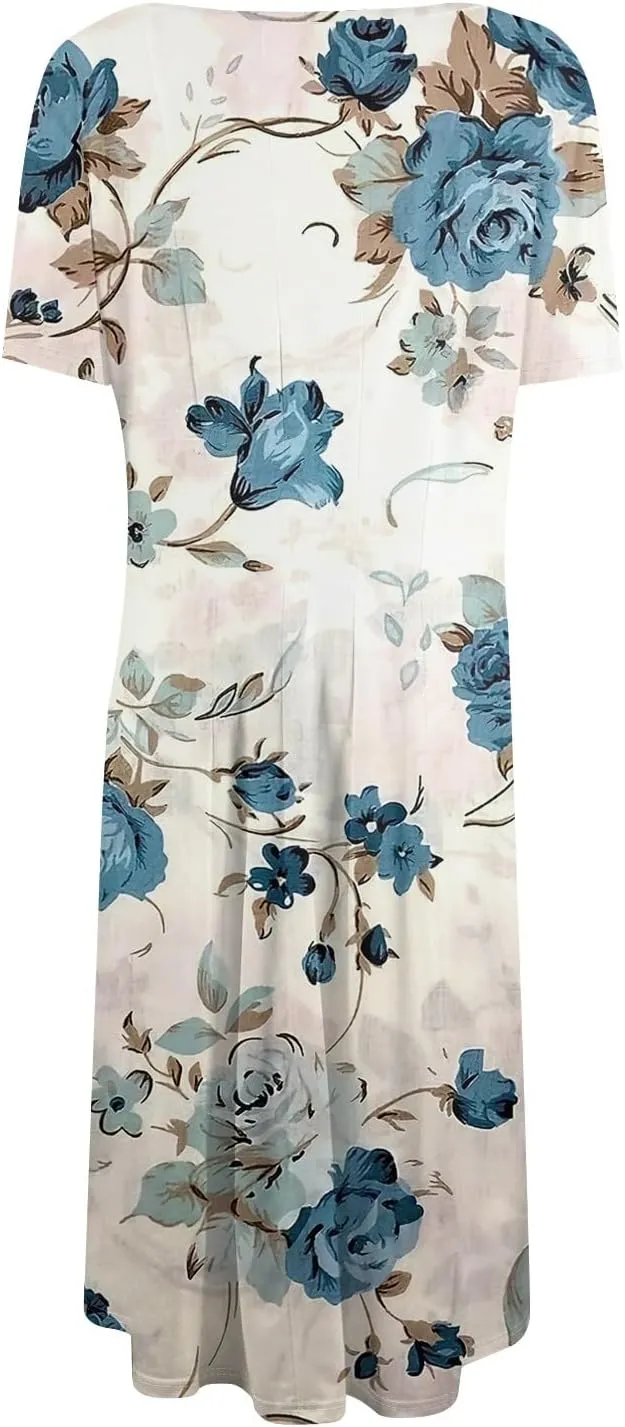Summer Dresses for Women Flowy Floral Short Sleeve Dress Casual Beach Tshirt Dress Aline Midi Dresses with Pockets