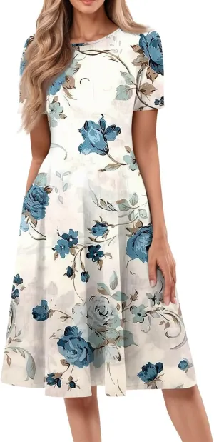 Summer Dresses for Women Flowy Floral Short Sleeve Dress Casual Beach Tshirt Dress Aline Midi Dresses with Pockets