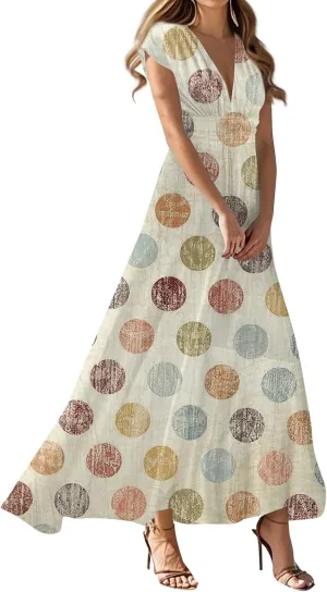 Summer Dresses for Women Short Sleeve Deep V Neck Maxi Dress Fitted Vintage Floral Print High Waist Dress